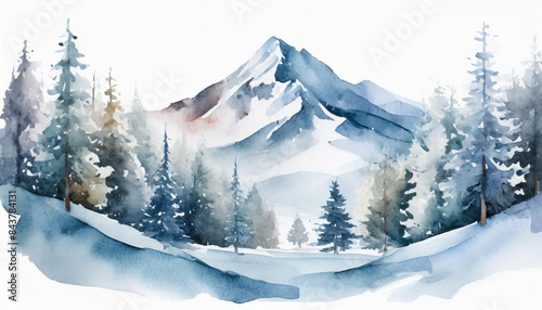 Watercolour illustration of winter forest landscape view, wild nature with mountains and trees