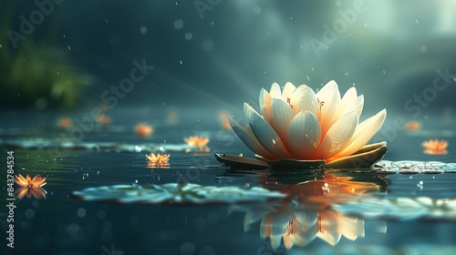 A blooming lotus flower floating on a still pond, bathed in gentle sunlight, symbolizing purity, spiritual awakening, and inner peace. Clipart illustration style, clean, Minimal,