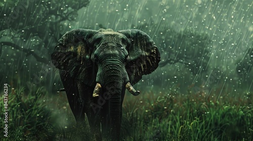 African elephant caught in the rain