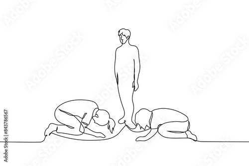 women knelt in a low bow with their heads to the floor in front of a man standing in the center - one line art vector. concept choose me, idolatry, sectarianism