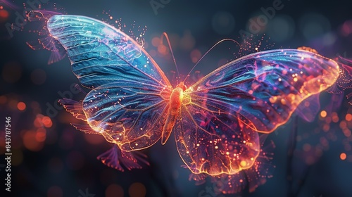An abstract image of a butterfly made of light and color, symbolizing transformation, joy, and the peacefulness that comes from within. Clipart illustration style, clean, Minimal,