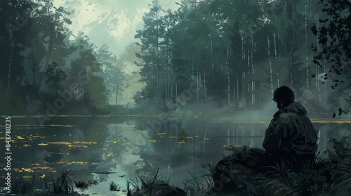 A person sits alone by a misty lake surrounded by dense forest, reflecting in serene solitude at dawn or dusk.