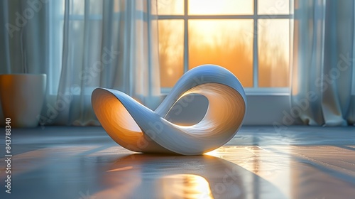 An abstract sculpture with smooth, flowing curves and soft lighting, representing the harmonious balance of inner peace and happiness. Clipart illustration style, clean, Minimal,