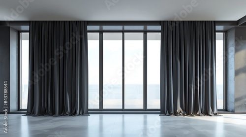 Modern blackout curtains in a dark gray shade, perfectly framing large windows in an empty room, providing a sleek and contemporary look