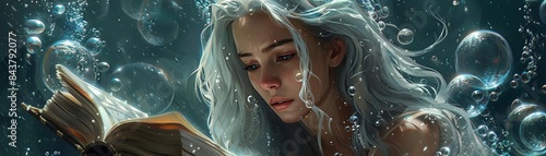 A sorceress studying a spellbook underwater, with bubbles of magic forming around her, Mystical, Soft tones, Illustration, Enchanted study