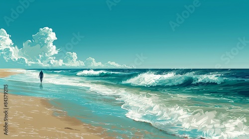 A tranquil beach scene with soft waves gently lapping at the shore, a lone person walking along the waterâ€™s edge, lost in peaceful contemplation. Clipart illustration style, clean, Minimal,
