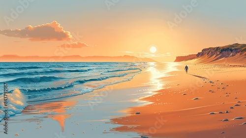 A tranquil beach scene with soft waves gently lapping at the shore, a lone person walking along the waterâ€™s edge, lost in peaceful contemplation. Clipart illustration style, clean, Minimal,