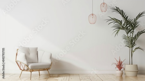Modern interior with armchair and decorative elements on a white wall background