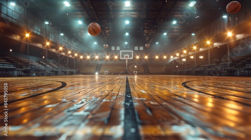 An indoor basketball court with wooden flooring, highlighted by floating balls mid-air and a hoop in the background