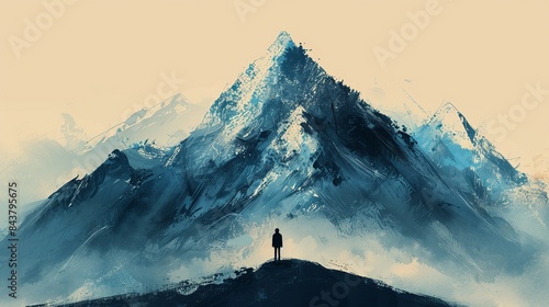 A lone figure at the base of a tall mountain, gazing up at the peak with determination, symbolizing the arduous journey from obscurity to success. Clipart illustration style, clean, Minimal,
