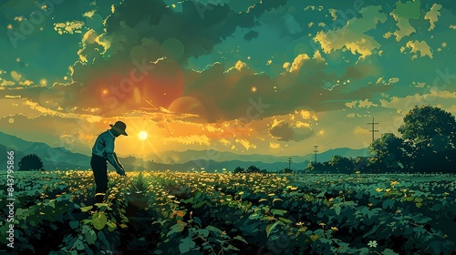A lone figure planting seeds in a field, with the background showing the field gradually blooming into a vibrant and abundant garden, representing growth from nothing to success. Clipart illustration