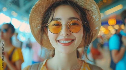 Cheerful woman with yellow sunglasses and straw hat smiling brightly in a busy environment