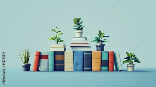 A series of stacked books growing in size, representing the gradual accumulation of knowledge and wisdom needed to achieve greatness from a humble beginning. Clipart illustration style, clean,