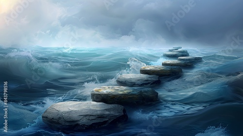 A series of stepping stones crossing a turbulent river, with each step representing a milestone on the way to achieving great success. Clipart illustration style, clean, Minimal,