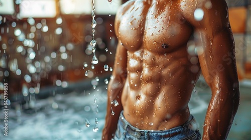 Defined abdominal muscles of a shirtless man with water droplets, hinting a refreshing moment