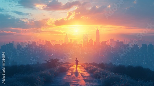 A solitary figure running along a deserted path that eventually leads to a bustling city skyline, symbolizing the journey from isolation to success in the bustling world. Clipart illustration style,