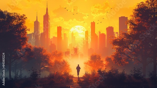 A solitary figure running along a deserted path that eventually leads to a bustling city skyline, symbolizing the journey from isolation to success in the bustling world. Clipart illustration style,