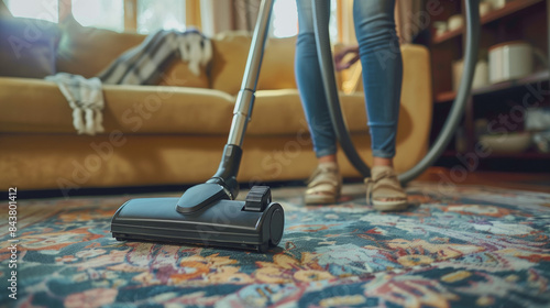 A woman who thoroughly vacuums the living room carpet. Her movements are decisive, and the vacuum cleaner removes dust from the carpet surface.