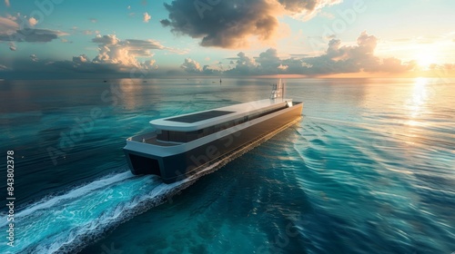 A cargo ship powered by hydrogen fuel cells navigating a clean and clear ocean.