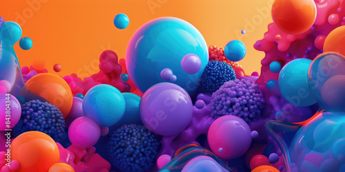 Surreal 3D blobby elements in vibrant colors on an orange background.