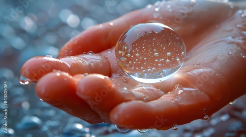 A close-up shot of a hand holding a water droplet, highlighting the use of clean water as a byproduct of hydrogen fuel cell technology.