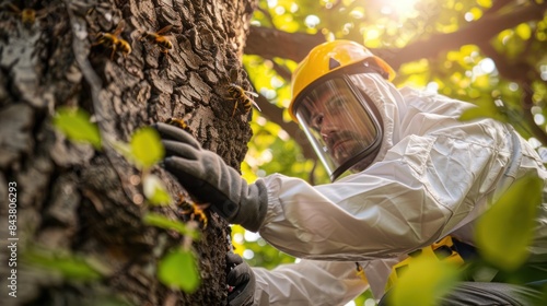 Technician wearing protective gear removing a wasp nest from a tree, focused and cautious during the removal process.