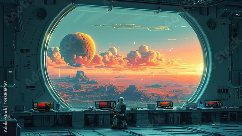 A high-tech research lab on a distant planet, with scientists in advanced suits conducting experiments on alien flora and fauna, and a view of the planet's unique landscape through large windows.