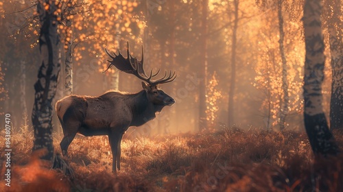 Antlered deer in the autumn woods Moose standing in a forest clearing