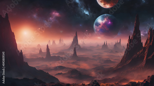 Fictional wallpaper of the space full of planets, stars and solar clouds which designed in many colors and random shapes and placements, Alien sunset view, mysterious landscape, Exploding galaxy 