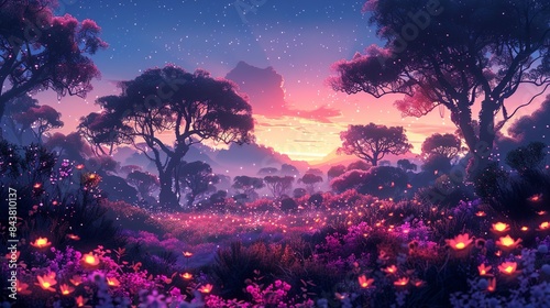 A serene alien forest at twilight, with trees that emit a soft glow, strange, luminescent flowers, and exotic wildlife moving silently through the underbrush, creating a magical ambiance. Clipart