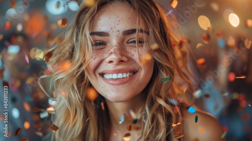Smiling woman with confetti in the air gives a joyful, playful expression