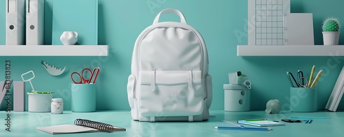 A 3D white backpack placed on a clean background with neatly arranged school supplies like glue sticks, scissors, and notebooks