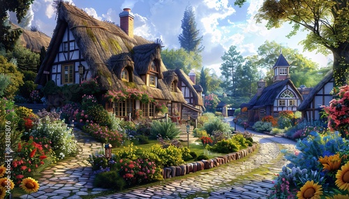 Charming English Countryside Village with Quaint Thatched Cottages, Colorful Gardens, and Cobblestone Pathways on a Sunny Day
