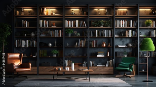 A modern office library with gray bookshelves, comfortable reading chairs, and a warm ambient lighting,