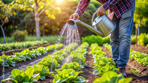 A farmer waters lush lettuce in a neat vegetable garden using a metal watering can in the morning sunlight.