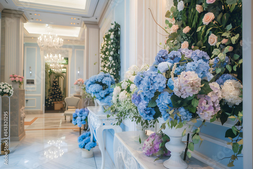 Exquisite hydrangea arrangements enhancing the beauty of a wedding venue. Romantic floral elegance.