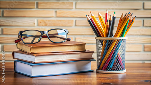 Stack of textbooks with glasses and colorful pencils in a holder on a wooden desk, symbolizing education.