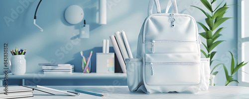 A sleek 3D white backpack with neatly arranged school supplies on a clean table