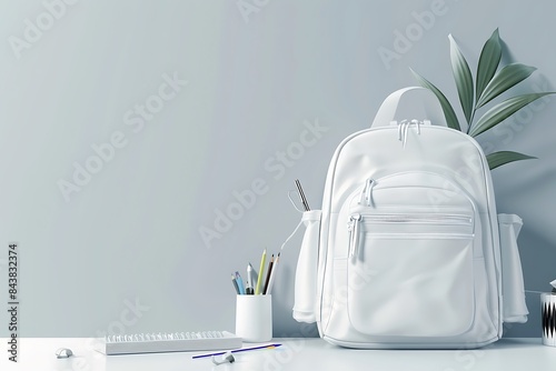 A stylish 3D white student backpack with school supplies on a clean surface