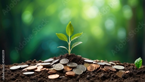 A seedling growing on a pile of coins has a natural backdrop, blurry green, money-saving ideas, and economic growth