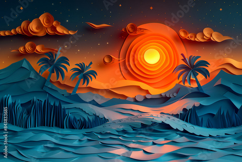 Ocean coconut trees, waves, fish, coral, starry sky, mystery, Paper Cuttings illustration, sense of hierarchy, three-dimensional, minimalist style, light and shadow, OC rendering, 3D, high quality, hi
