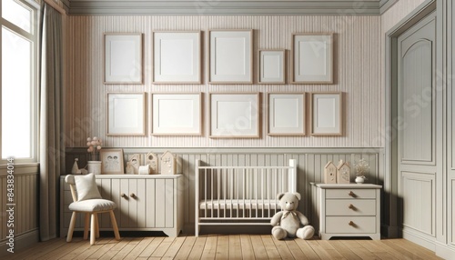 Modern nursery with crib and wall frames.
