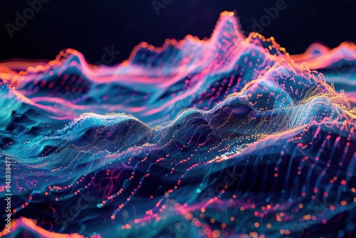 Abstract digital landscape with vibrant neon waves and points of light illustrating futuristic technology and artificial intelligence.