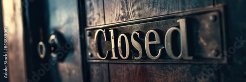 A close-up shot of a metal Closed sign on a weathered wooden door, hinting at a story behind the closed entrance.