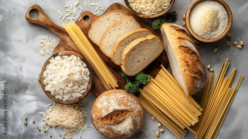 Selection of dry carbohydrate foods such as white bread, various types of pasta, and different kinds of rice displayed on a wooden table