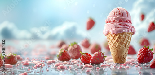 Pink ice cream cone in a waffle cup, garnished with strawberries, set against a blue background