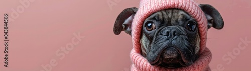 Cute pug wearing a cozy pink sweater, looking adorable against a pink background, perfect for pet lovers and stock photo collections.