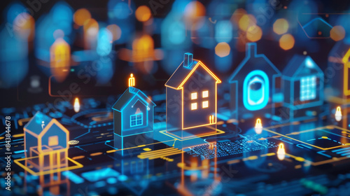 Abstract representation of the real estate market using futuristic digital graphics and glowing icons, highlighting technological advancements in property management. Futuristic Digital Real Estate