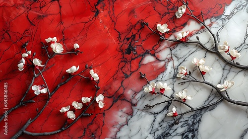 **Polished white marble with bold veins on a solid garnet red background