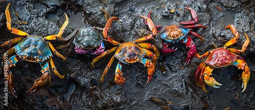 A group of crabs, their shells adorned with fragments of colorful plastic, a misleading camouflage against predators